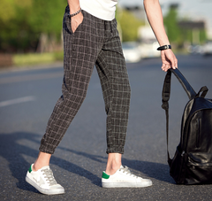 Casual Ankle-Length Plaid Pants Men Streetwear Trouser-Pants