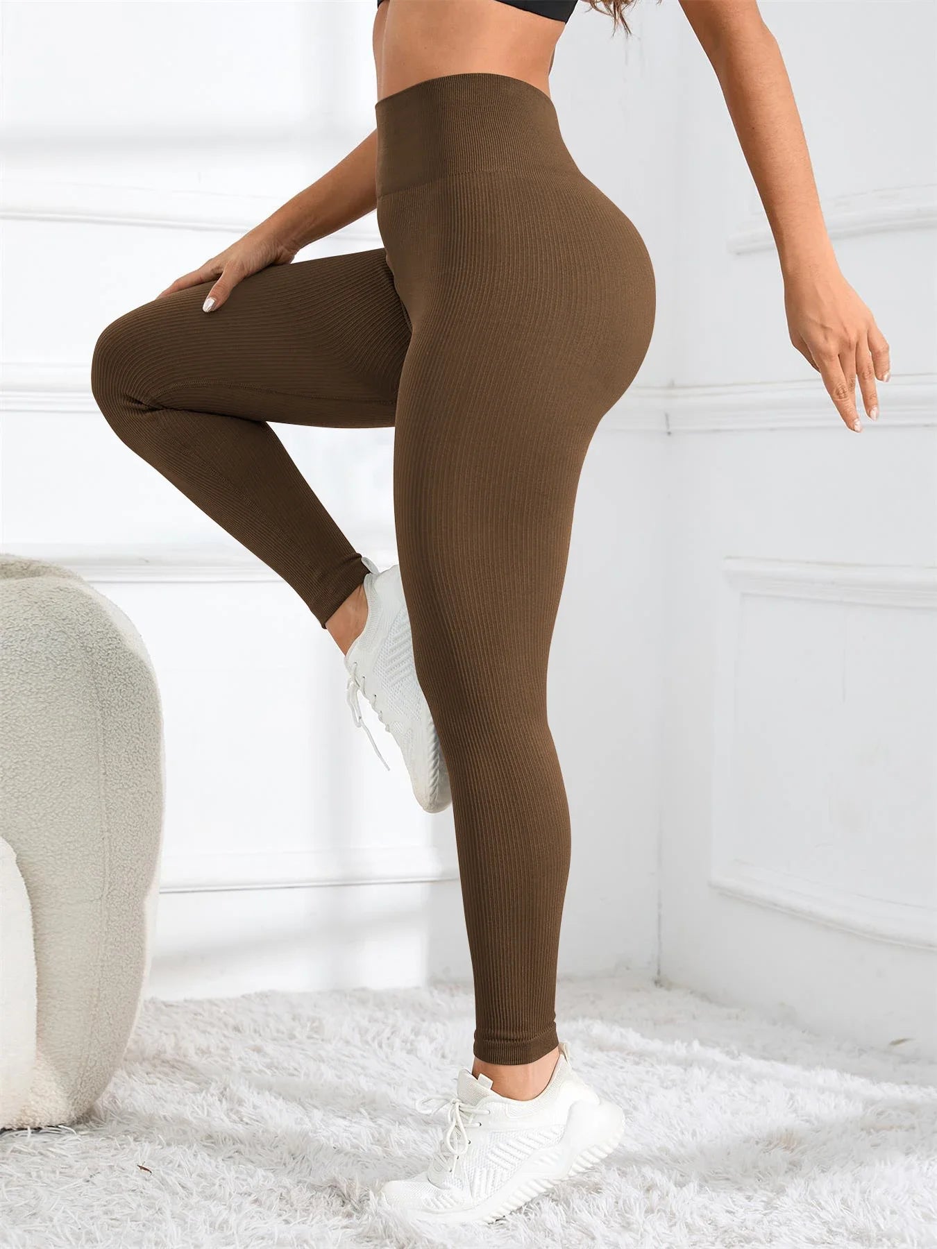 High Waisted Seamless Yoga Leggings, Ribbed Sportswear Tights