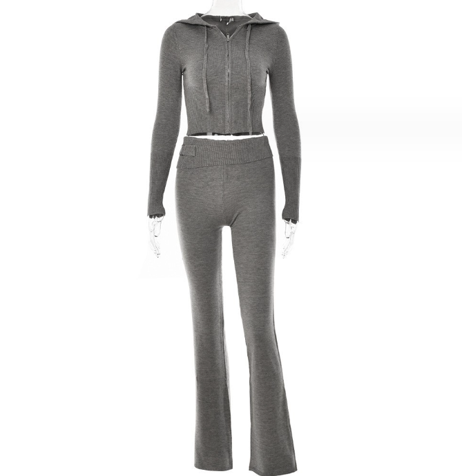 Hoodie Sexy Zip Long Sleeve Sweater and High Waist Long Pants Set