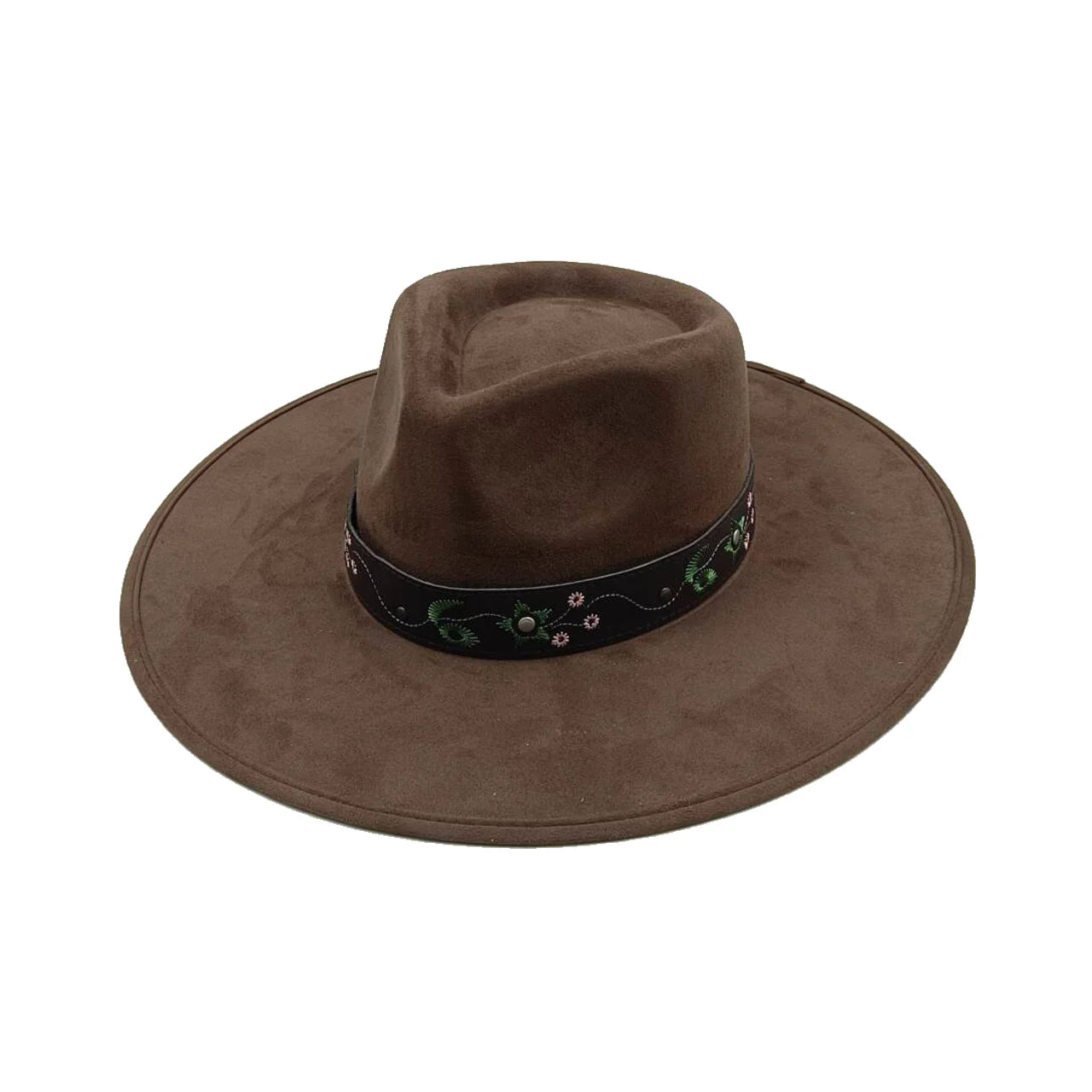 Vegan suede fedora hat with large teardrop top for women with stiff brim flat fashion hat suede hat hats for women