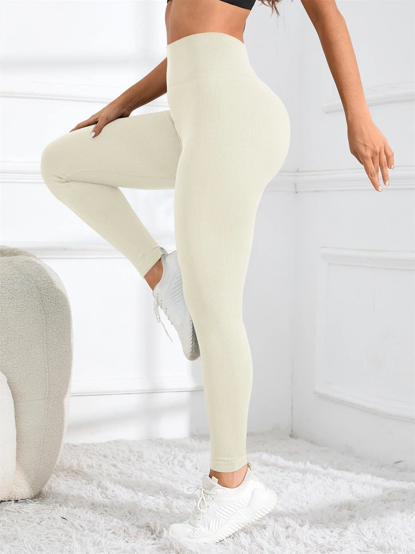 High Waisted Seamless Yoga Leggings, Ribbed Sportswear Tights