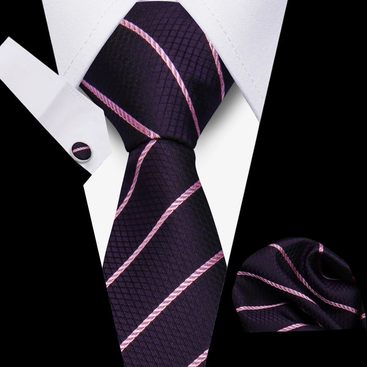 Fashion Elegant Necktie and  Handkerchief w/ Cufflinks (3 Pcs Suit Accessory Set)