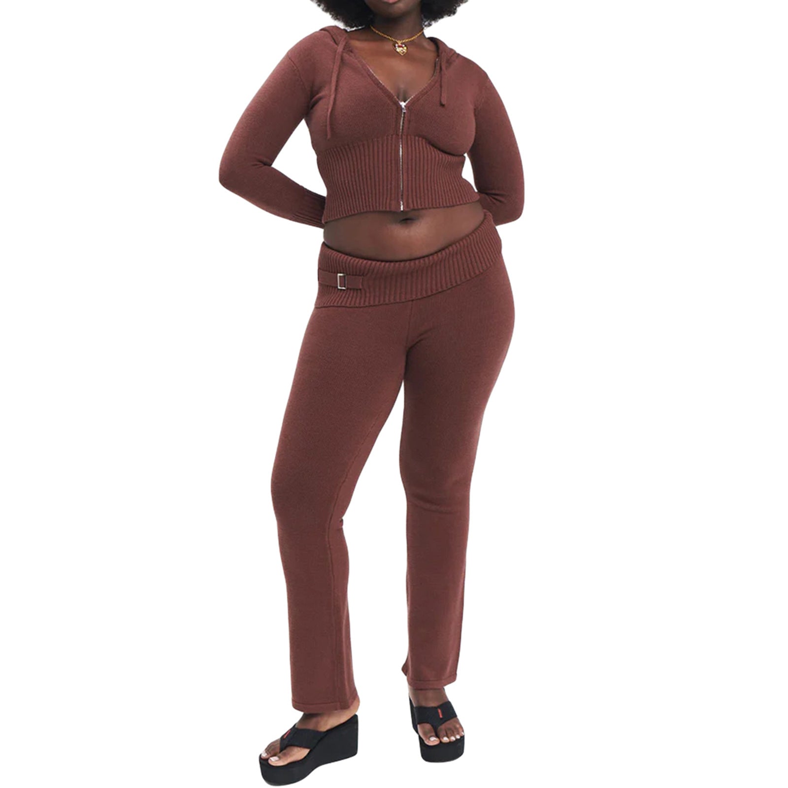 Hoodie Sexy Zip Long Sleeve Sweater and High Waist Long Pants Set