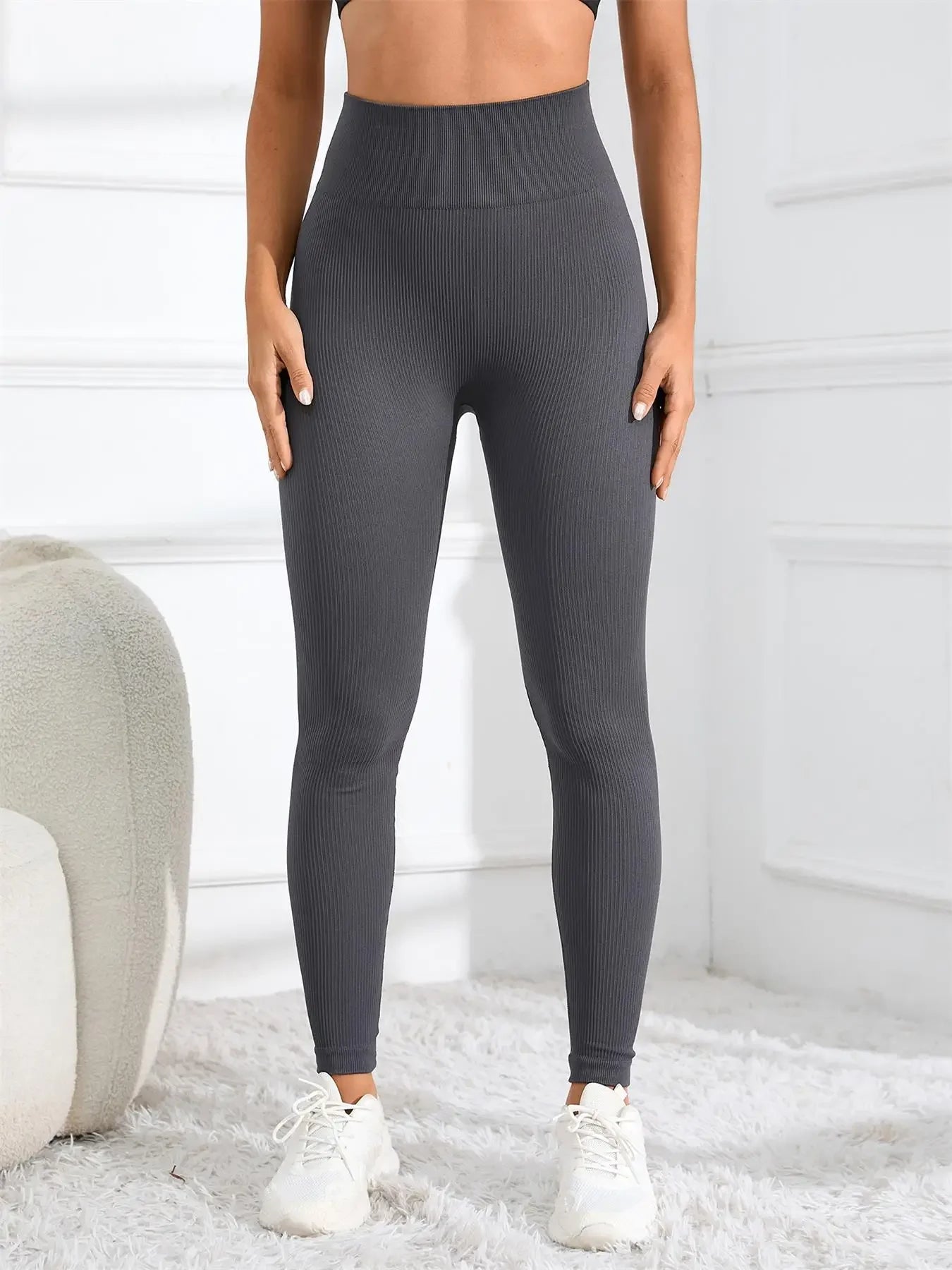 High Waisted Seamless Yoga Leggings, Ribbed Sportswear Tights