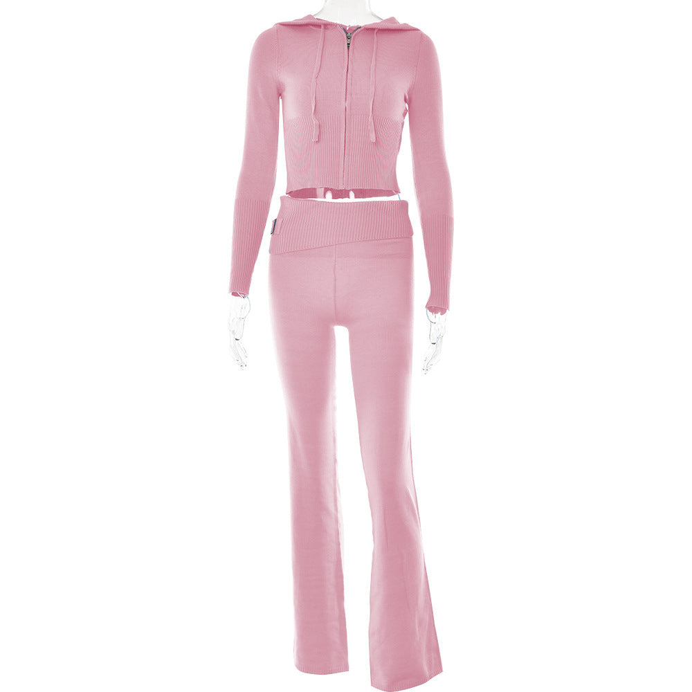 Hoodie Sexy Zip Long Sleeve Sweater and High Waist Long Pants Set