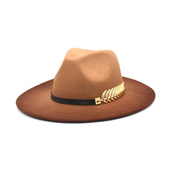 NEW gradient Wide Brim Wool Felt Jazz Fedora Hats Leaf BuckleBritish style Trilby Party Formal Panama Cap Dress Hat Winter