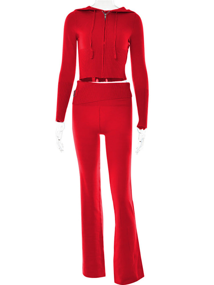 Hoodie Sexy Zip Long Sleeve Sweater and High Waist Long Pants Set