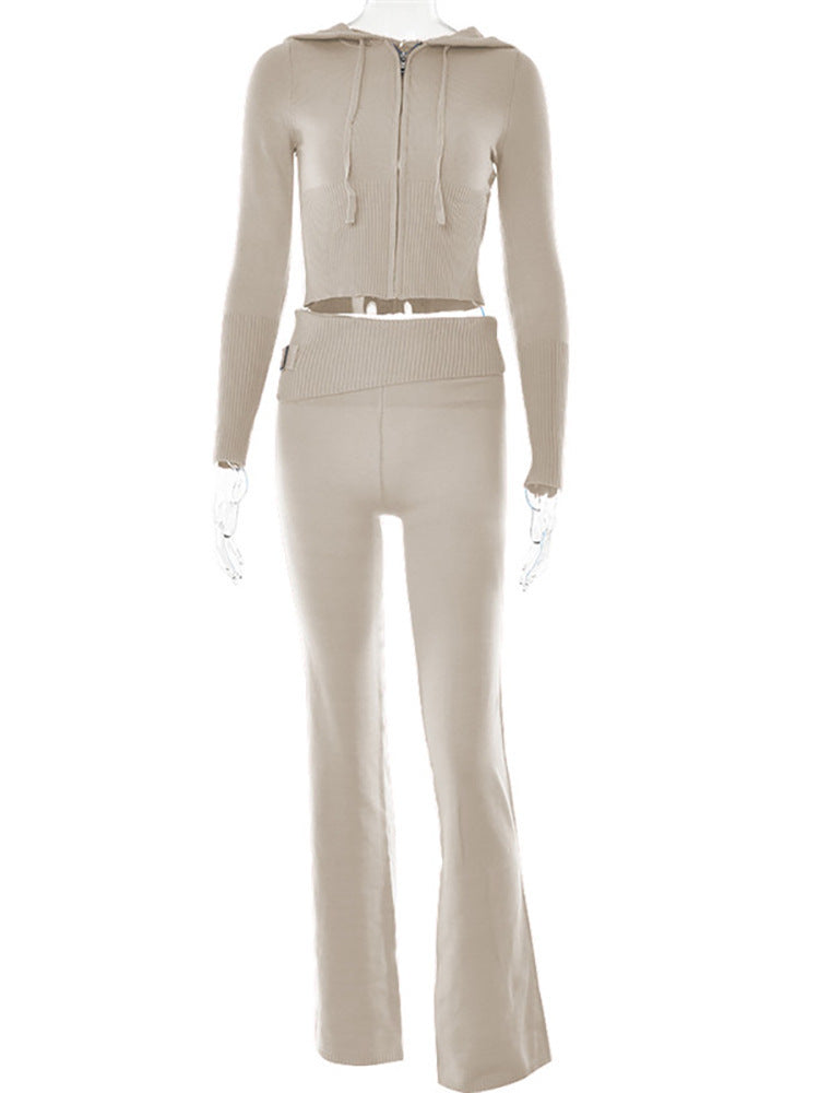 Hoodie Sexy Zip Long Sleeve Sweater and High Waist Long Pants Set