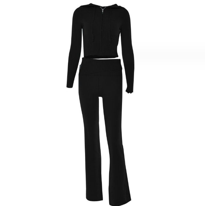 Hoodie Sexy Zip Long Sleeve Sweater and High Waist Long Pants Set