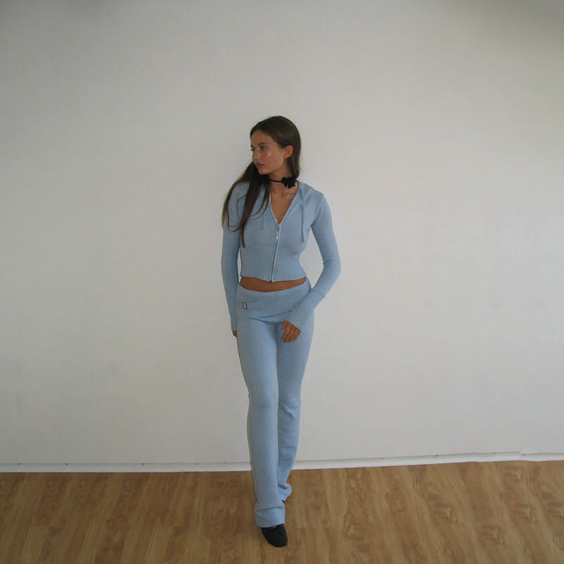 Hoodie Sexy Zip Long Sleeve Sweater and High Waist Long Pants Set