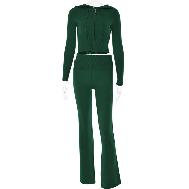 Hoodie Sexy Zip Long Sleeve Sweater and High Waist Long Pants Set